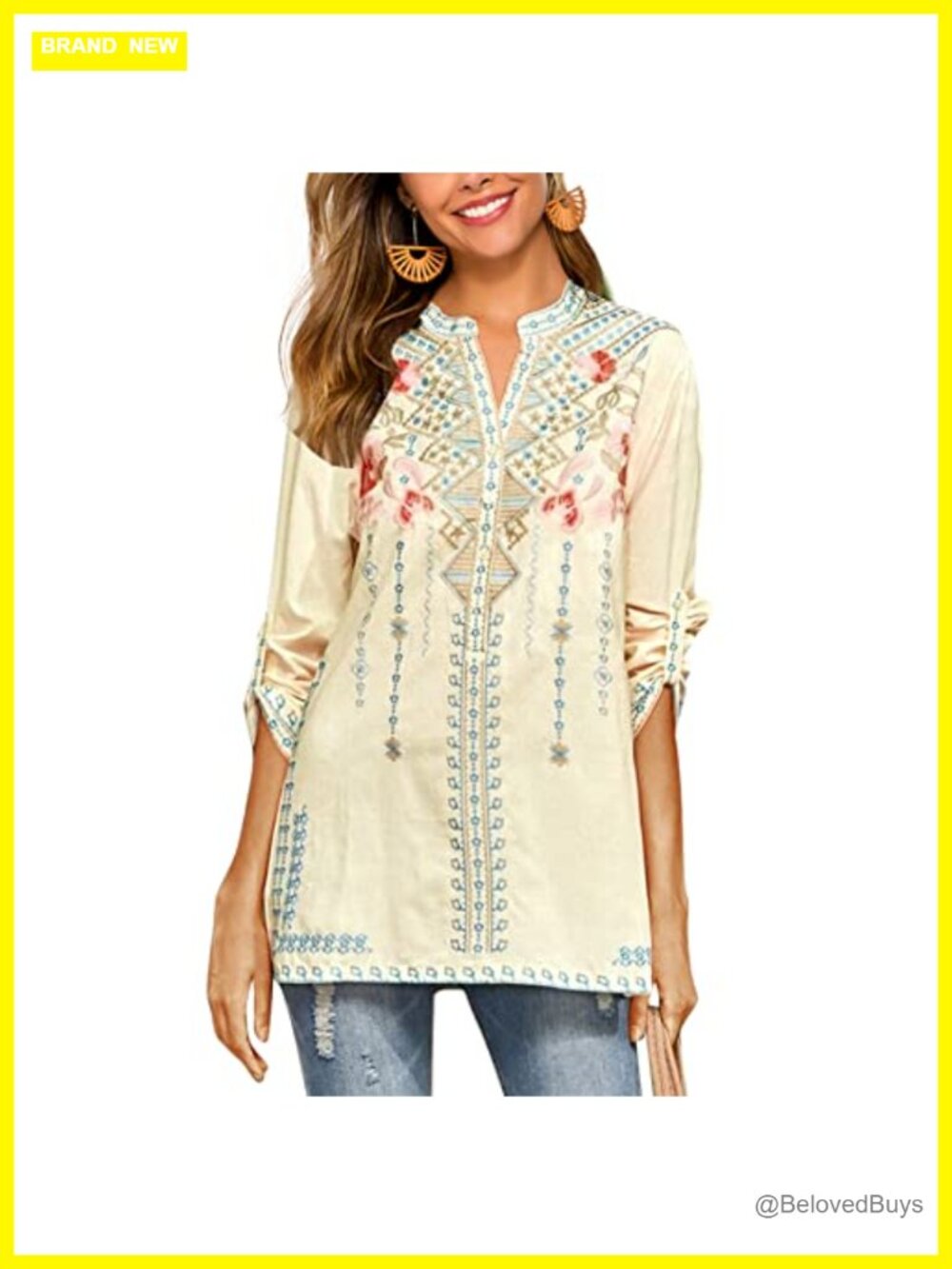 Embroidered Mexican Peasant Top V Neck Tunic Blouse Cotton Rayon